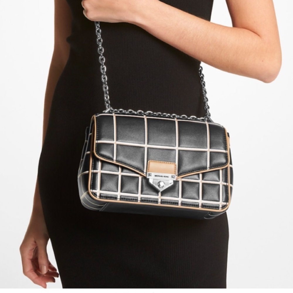Michael Kors Soho Large Quilted Leather Shoulder Bag Black Tan Chain Strap